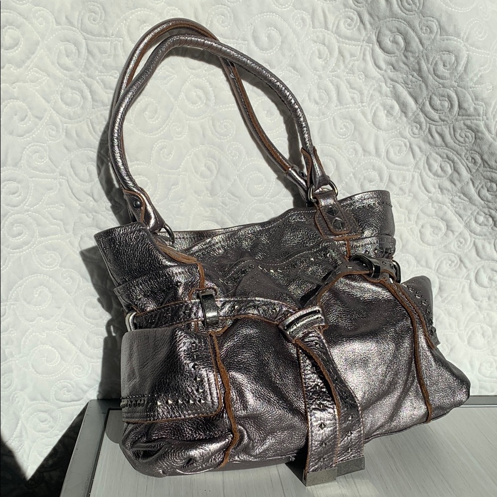 Silver Metallic Women's Leather Handbag